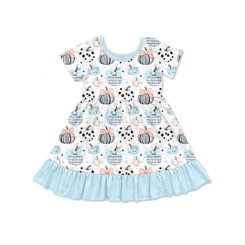 5.22 GSD2579 Baby Girls Blue Short Sleeves Bows Pumpkins Knee Length Dresses Preorder