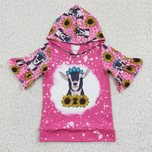 4.22 RTS NO MOQ GT0096 Girls Cow Sunflower Gem Rose Hooded Short Sleeve Top