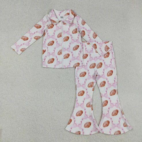 9.10 GT1088+P0780 Baby Girls Pink Bow Footballs Pockets Zipper Top Bell Bottom Pant Yoga Set