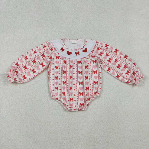 10.31 Sibling Embroidery Hearts Bows Baby Girls Valentine Knee Length Dresses Ruffle Rompers