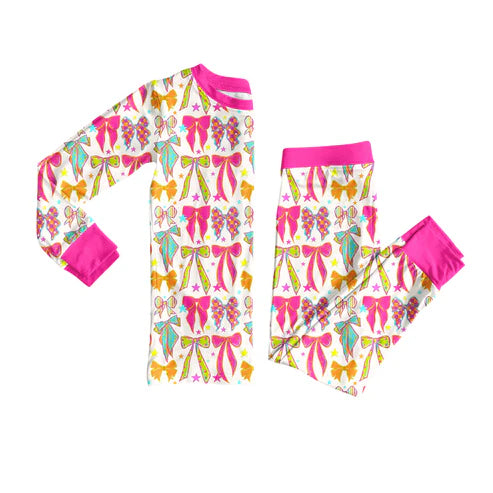 7.26  GLP2615 Baby Girls Long Sleeves Pink Bows Stars Plaid Top Pant Pajamas Set Preorder
