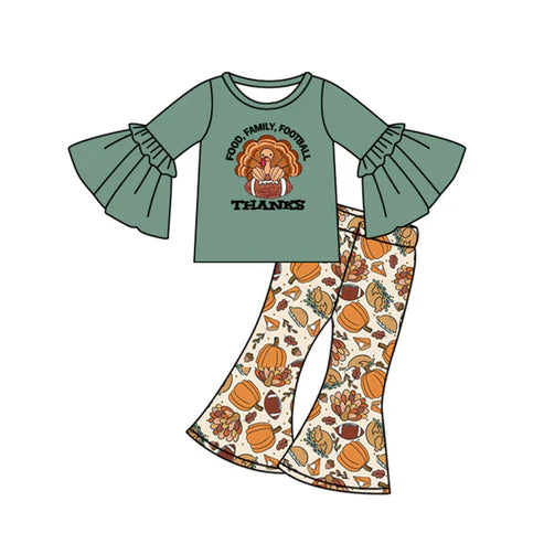 7.28 GLP2612 Baby Girls Bell Sleeves Turkey Footballs Top Bell Bottom Pant Set Preorder