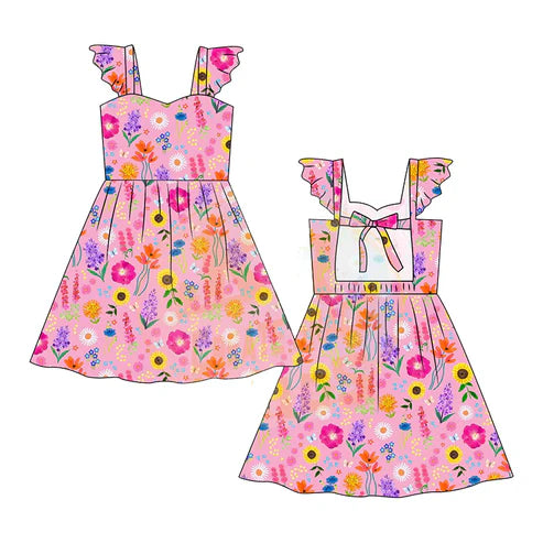 3.22  GSD2208 Baby Girls Flutter Sleeves Pink Floral Backless Bow Knee Length Dresses Preorder