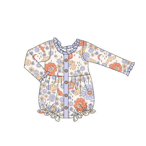 6.6 LR2281 Baby Girls Long Sleeves Daisy Pumpkins Button Ruffle Rompers Preorder