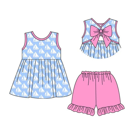 3.23 GSSO2405 Baby Girls Blue Sleeveless Boats Backless Bow Tunic Pink Ruffle Short Set Preorder