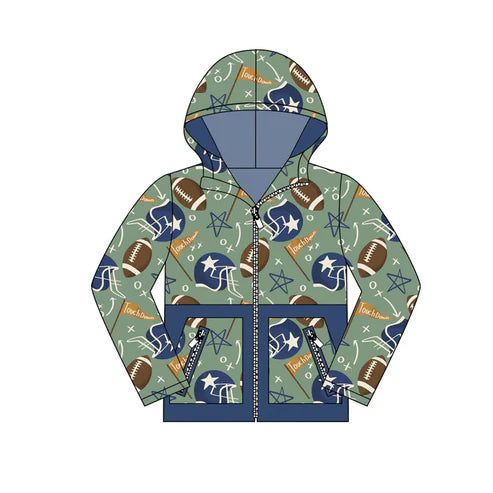 10.10Custom Moq 5 Baby Boys Footballs Touch Down Pocket Zipper Team Hoodies Top