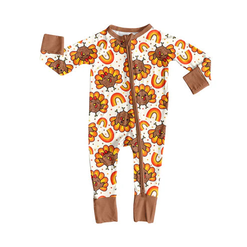 7.28  LR2460 Baby Boys Long Sleeves Turkey Pumpkins Zipper Pant Rompers Preorder