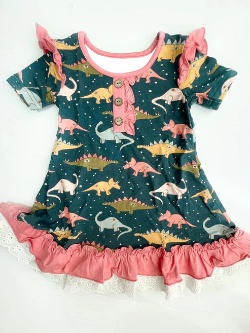 GSD1638 Baby Girls Pink Dinosaurs Ruffles Knee Length Dresses Preorder