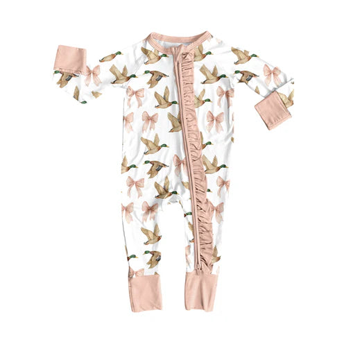 8.5 LR2545 Baby Girls Ducks Bows Plaid Ruffle Zipper Footie Rompers Preorder