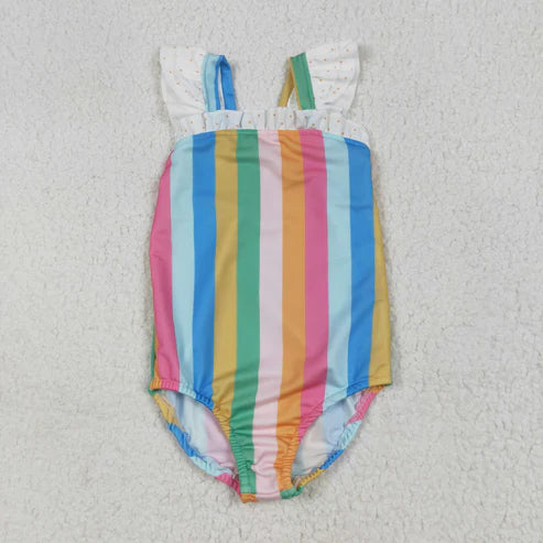 7.1 S0550 Baby Girls Flutter Sleeves Colorful Stripe One Piece Swimsuit