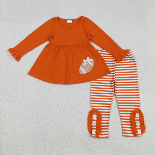 9.10 GLP1588 Embroidery Baby Girls Orange Football Team Tunic Stripes Legging Clothes Set
