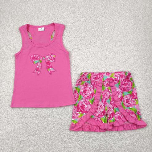 4.29 GSSO1605 Baby Girls Flower Bow Vest Top Ruffle Shorts Clothes Set