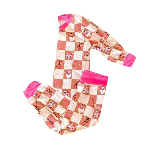 8.29 GLP2754 Baby Girls White Checked Santa Deer Top Pant Christmas Pajamas Set Preorder