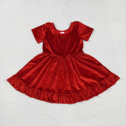 8.25 GSD2614 Baby Girls Short Sleeves Red Velvet Ruffle Knee Length Dress
