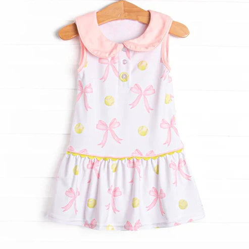 6.7 GSD2633 Baby Girls Sleeveless Button Pink Bows Baseballs Knee Length Dresses Preorder