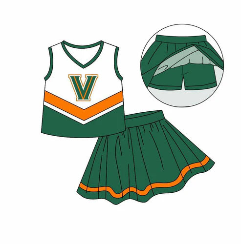 7.5 Custom Moq 3 Baby Girls V Green Cheer Team Top Skort Shorts Clothes Sets