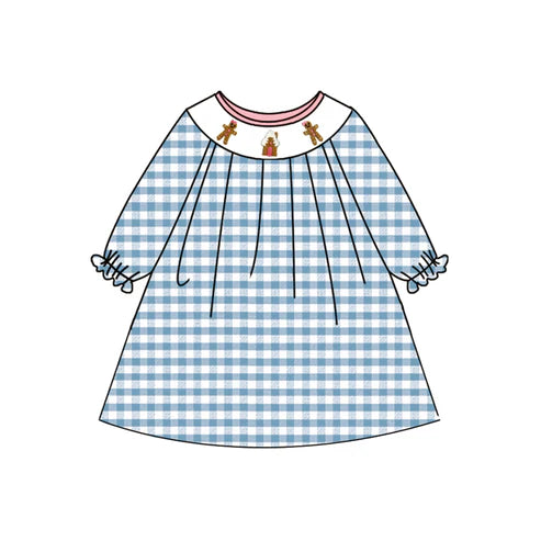 3.29 GLD1029 Baby Girls Blue Plaid Long Ruffle Sleeves Gingerbread Smocked Knee Length Dresses Preorder