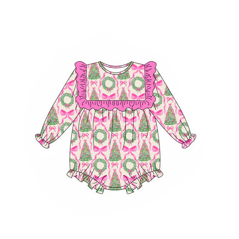 5.21  LR2202 Baby Girls Long Ruffle Sleeves Trees Bows Ruffle Rompers Preorder