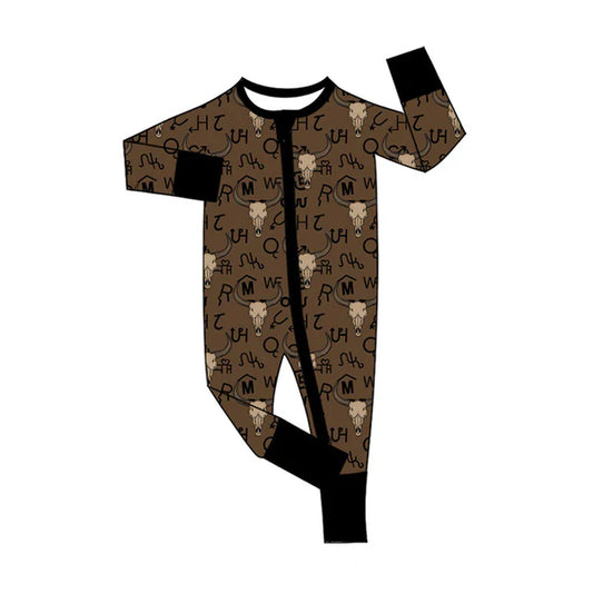 8.27 LR2591 Baby Boys Brown Bull Skulls Western Zipper Footie Rompers Preorder