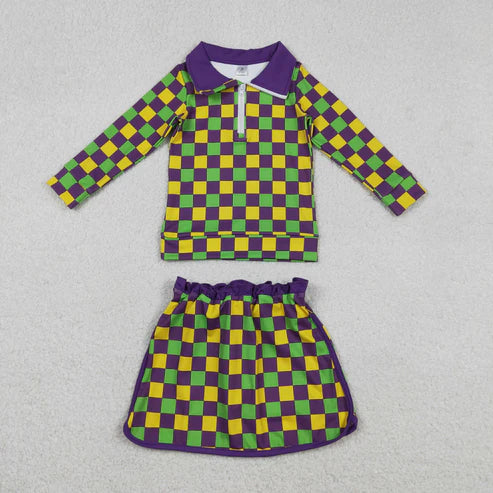 12.8 GLD1362 Baby Girls Mardigras Checked Zipper Pullovers Skirt Shorts Yoga Clothes Set