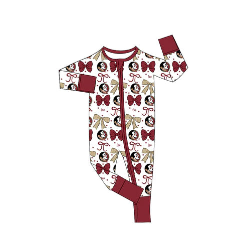 9.6 Custom Moq 5 Baby Girls Red FSU Bows Zipper Footie Rompers