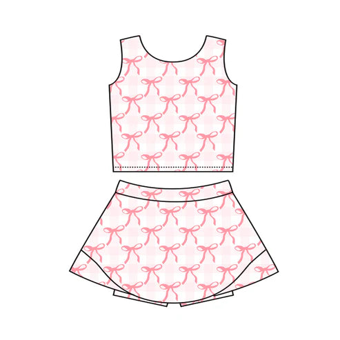 4.3 GSD2337 Baby Girls Sleeveless Pink Plaid Bows Top Skort Yoga Set Preorder