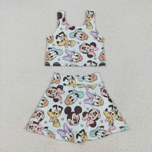 5.3 GSD2353 Baby Girls Sleeveless Cartoon Mouse Ducks Top Skort Yoga Set