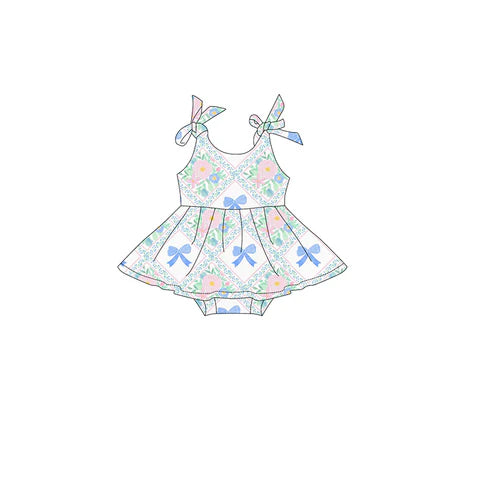 4.16 SR3046 Baby Girls Strap Floral Blue Bows Skort Ruffle Rompers Preorder