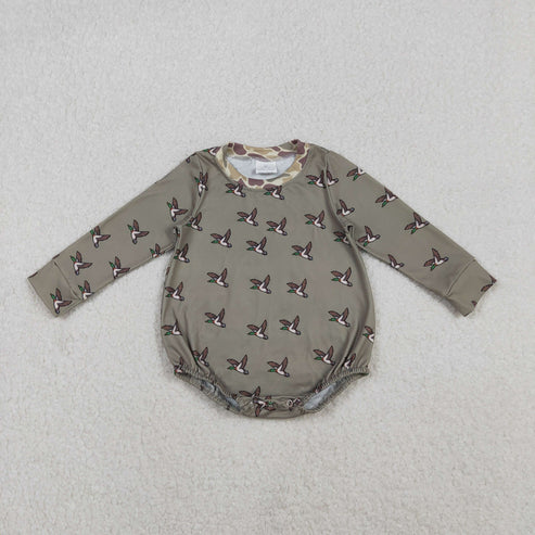 11.8 LR2302 Baby Boys Long Sleeves Dark Green Ducks Plaid Romper