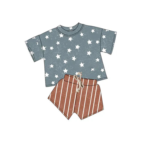 3.20 BSSO1404 Baby Boys Gray Short Sleeves Stars Shirt Khaki Stripe Shorts 4th Of July Sets preorder