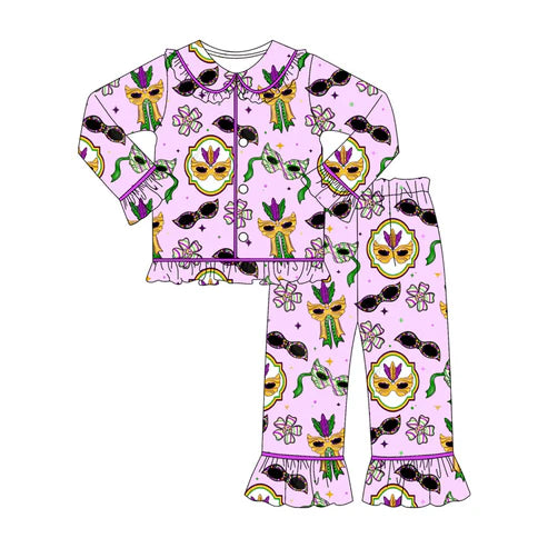 10.20 GLP2949 Baby Girls Flowers Anchors Masks Button Top Ruffle Pants Maedigras Pajamas Sets Preorder