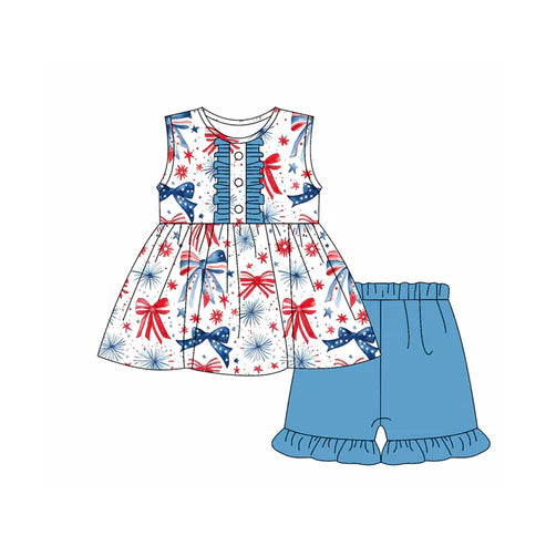3.20 GSSO2346 Baby Girls Sleeveless Butter Blue Red Bows Fireworks Tunic Ruffle Short 4th Of July Set preorder