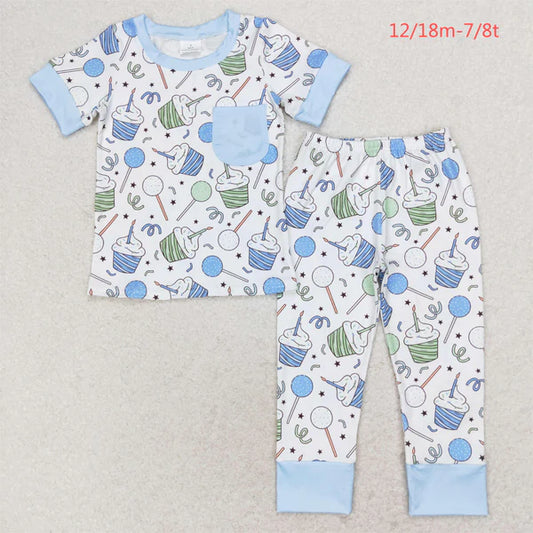 BSPO0410 Boy's birthday Candle cake blue pocket short sleeve trousers pajama set