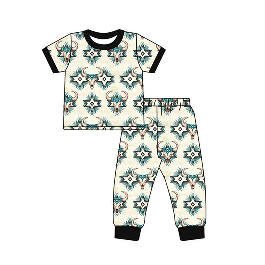 6.14 BSPO0574 Baby Boys Short Sleeves Aztec Bull Skull Top Pant Pajamas Set Preorder