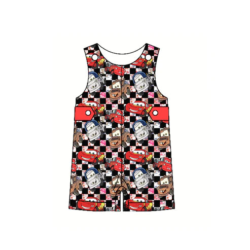 SR2899 Baby Infant Boys Sleeveless Button Black Plaid Cartoon Cars Rompers Preorder