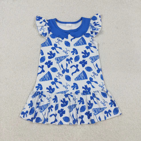 9.6 GSD2782 Baby Girls Blue Flutter Sleeves Cheer Bows Plaid Team Knee Length Dress