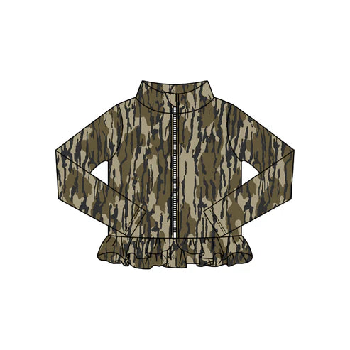 10.24 GT1317 Baby Girls Olive Camo Ruffle Yoga Zipper Jackets Top Preorder