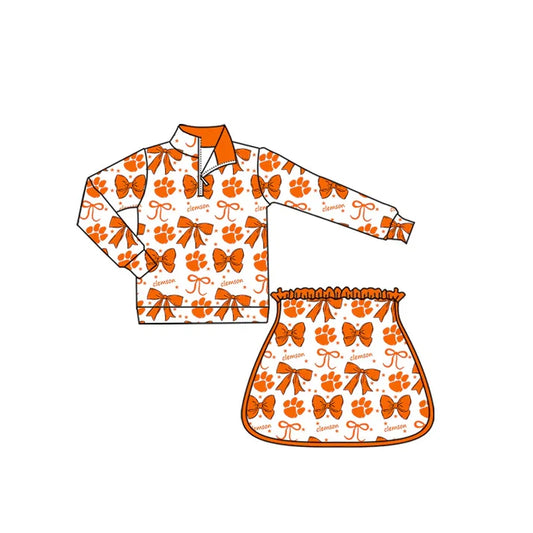 9.5 Custom Moq 5 Baby Girls Orange Clemson Bows Team Zip Pullovers Skort Team Clothes Sets