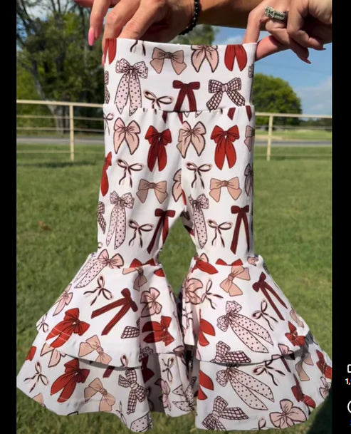 10.2  P0885 Baby Girls Red Bows Plaid Yoga Bell Bottom Pants Preorder