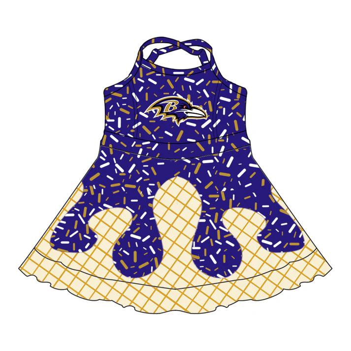 7.8 Custom Moq 3 Baby Girls Straps Ravens Plaid Short Ruffle Team Knee Length Dresses