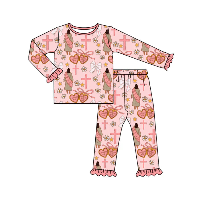 9.26  GLP2889 Baby Girls Pink Nativity Crosses Top Ruffle Pants Christmas Pajamas Sets Preorder