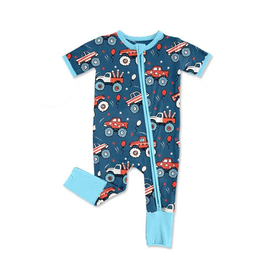 12.24 MOQ:5pcs SR3850 pre-order baby boy clothes truck print toddler boy summer romper
