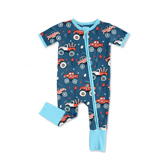 12.24 MOQ:5pcs SR3850 pre-order baby boy clothes truck print toddler boy summer romper