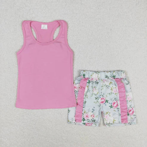 6.16 GSSO1059 Floral bow solid color sleeveless pink lace shorts set