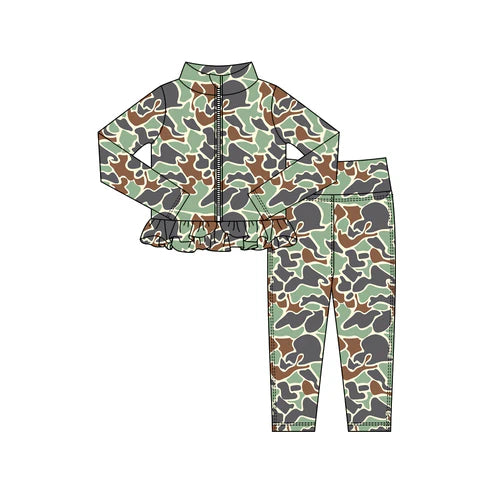 10.24  GLP2995 Baby Girls Green Camo Zipper Jackets Ruffle Top Leggings Yoga Clothes Sets Preorder