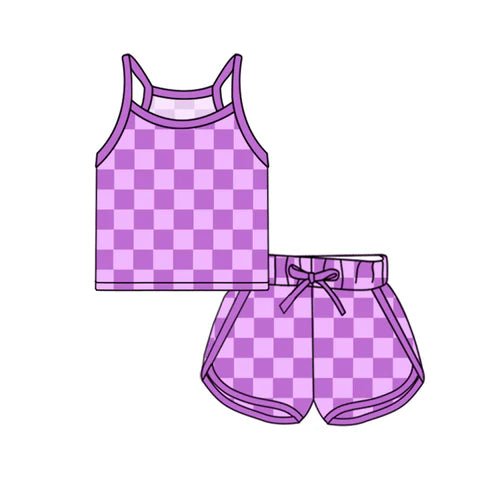 GSSO2337 Baby Girls Purple Strap Plaid Top Short Sport Set Preorder