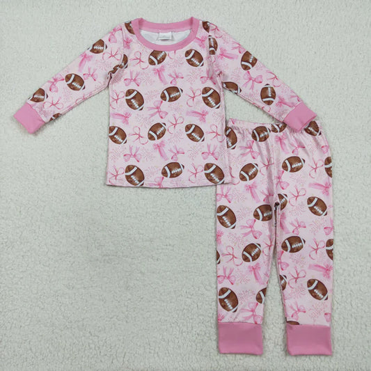 8.15 GLP1700 Baby Girls Pink Football Bows Shirt Pants Pajamas Clothes Set