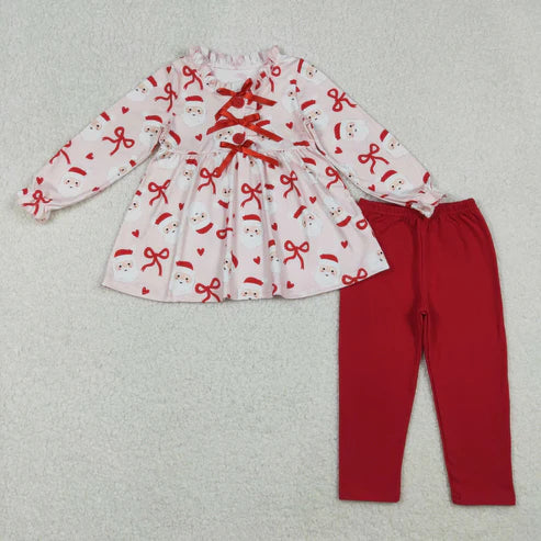 10.7 GLP2642 Baby Girls Long Ruffle Sleeves Bows Santa Plaid Tunic Legging Pant