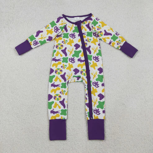10.17 LR2637 Baby Boys Purple Yellow Green Camo Crayfishes Mardi Gras Zipper Footie Romper