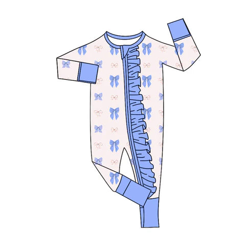 8.8 Custom Moq 5 Baby Infant Girls Pink Blue Bows Plaid Ruffle Zipper Rompers